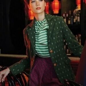 Anthropologie Green Blazer with Orange Buttons
